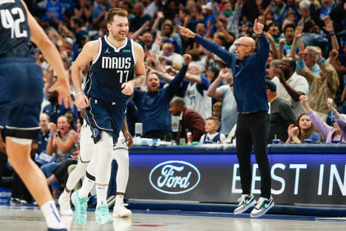 Luka Doncic smiles after nailing a crazy game-winning shot vs. the Brooklyn Nets.